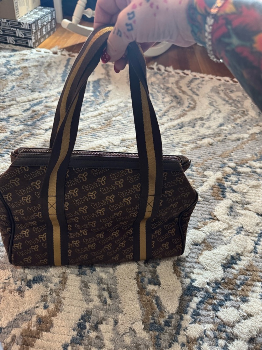 TNA Brown Barrel Tote with Striped Mustard Handles - Picture 10 of 10